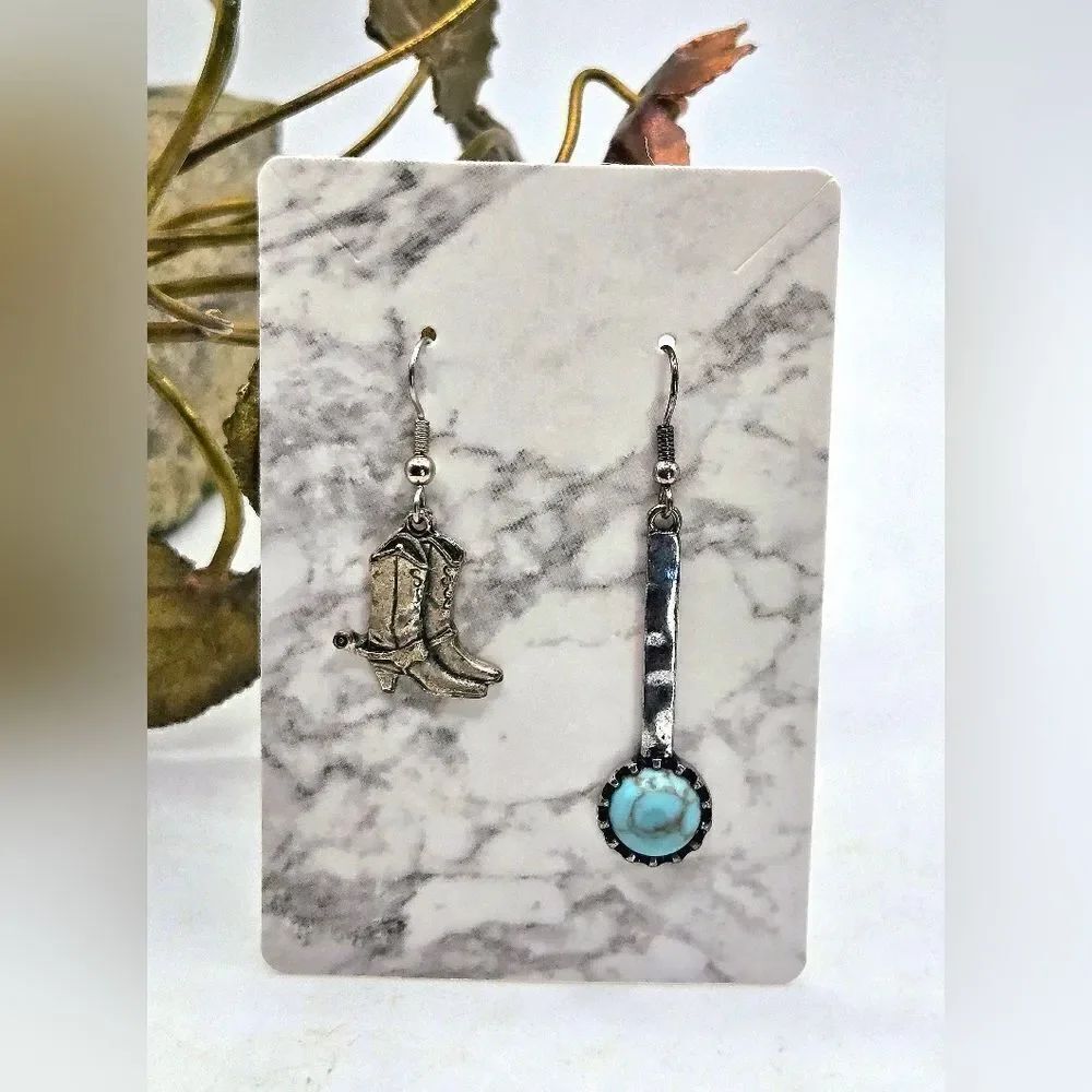 "5/$40" Mismatched Western Cowboy Boot Pewter Finish Turquoise Dangle Earrings